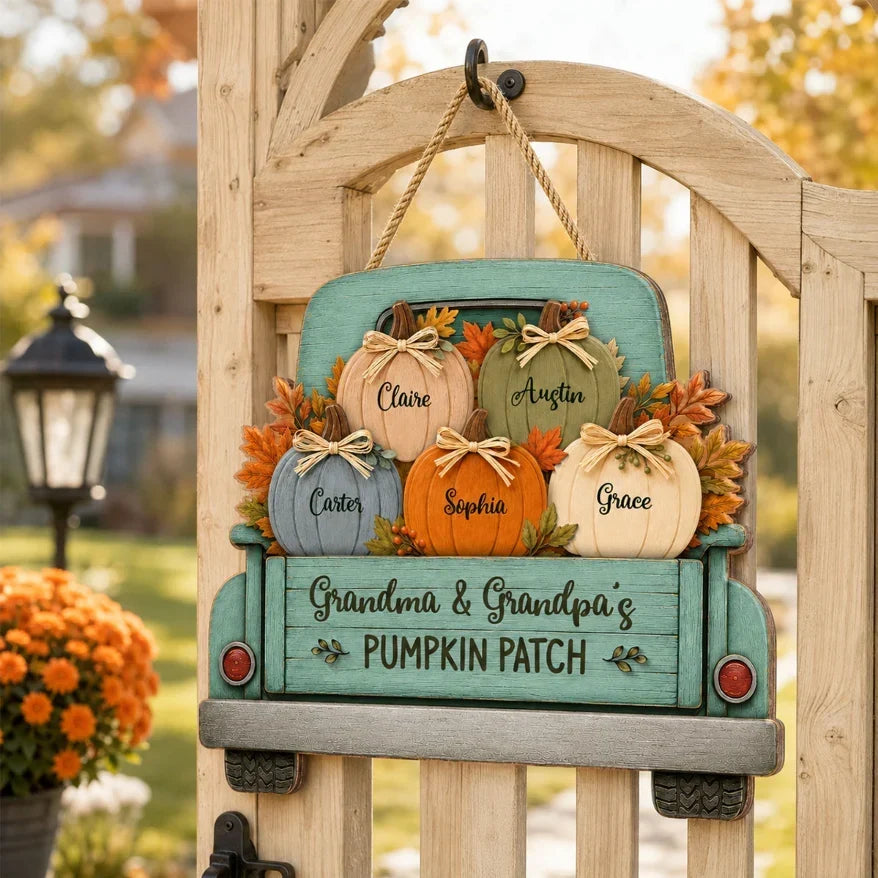 Personalized Wooden Pumpkin Truck Sign Gift for Grandparents