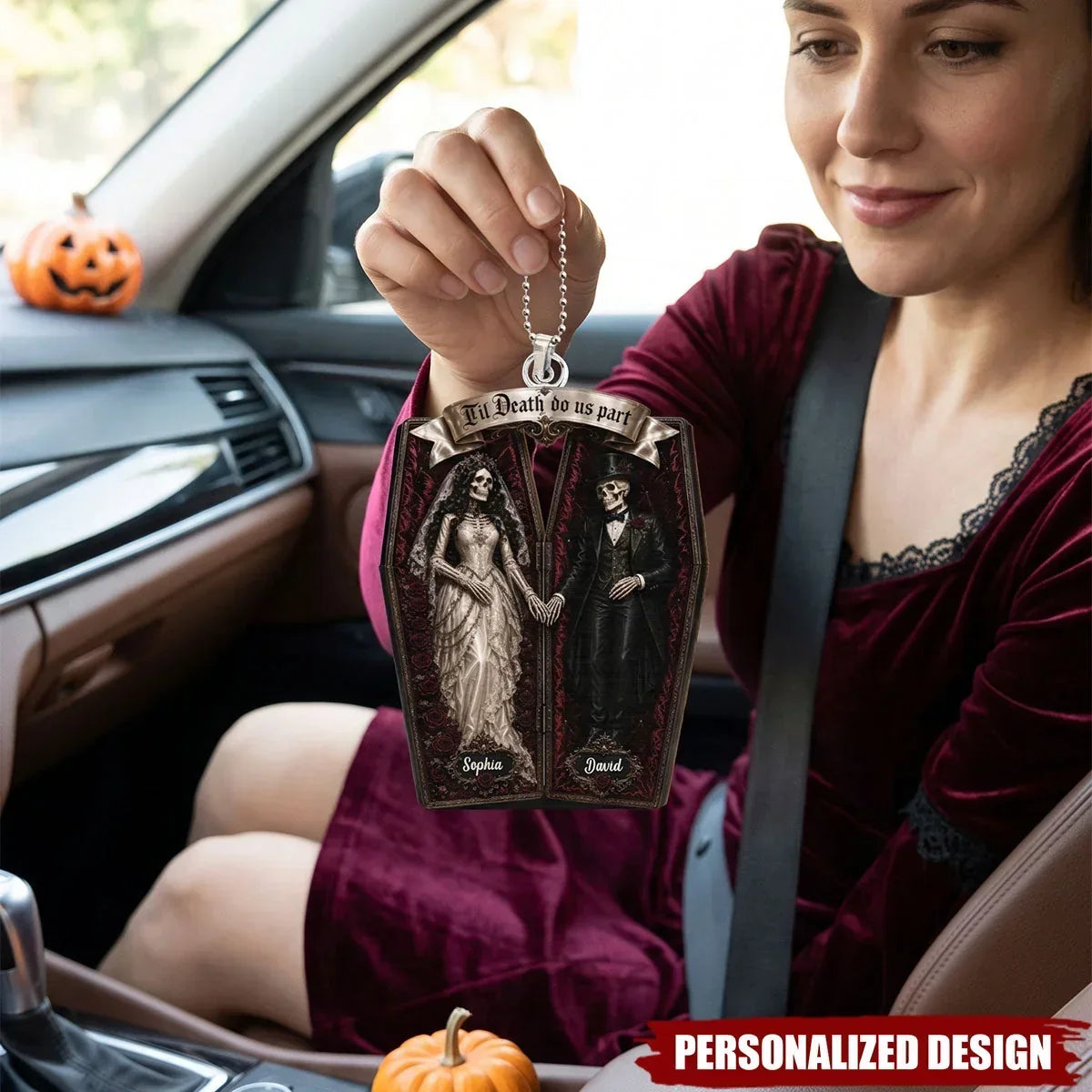 Personalized Gothic Skeleton Couple Keychain Halloween Gift