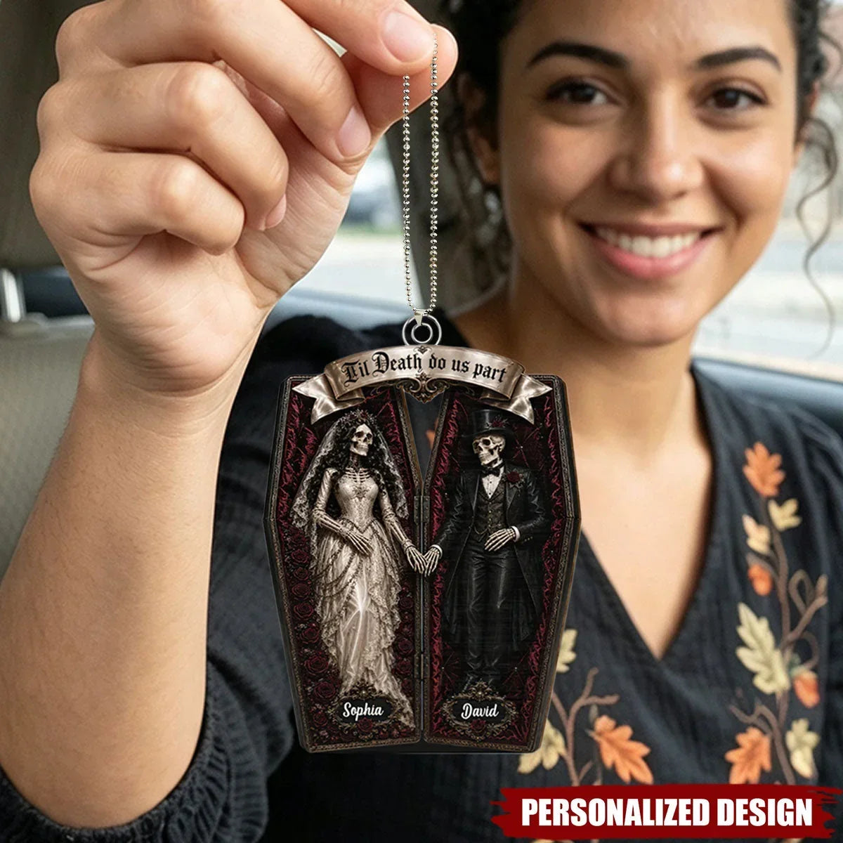 Personalized Gothic Skeleton Couple Keychain Halloween Gift