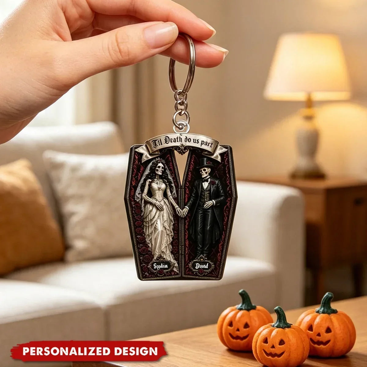 Personalized Gothic Skeleton Couple Keychain Halloween Gift