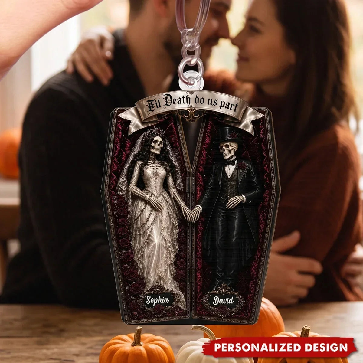 Personalized Gothic Skeleton Couple Keychain Halloween Gift