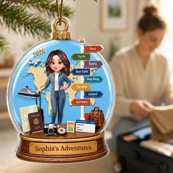 Personalized Acrylic Travel Ornament with World Map Gift for Mom