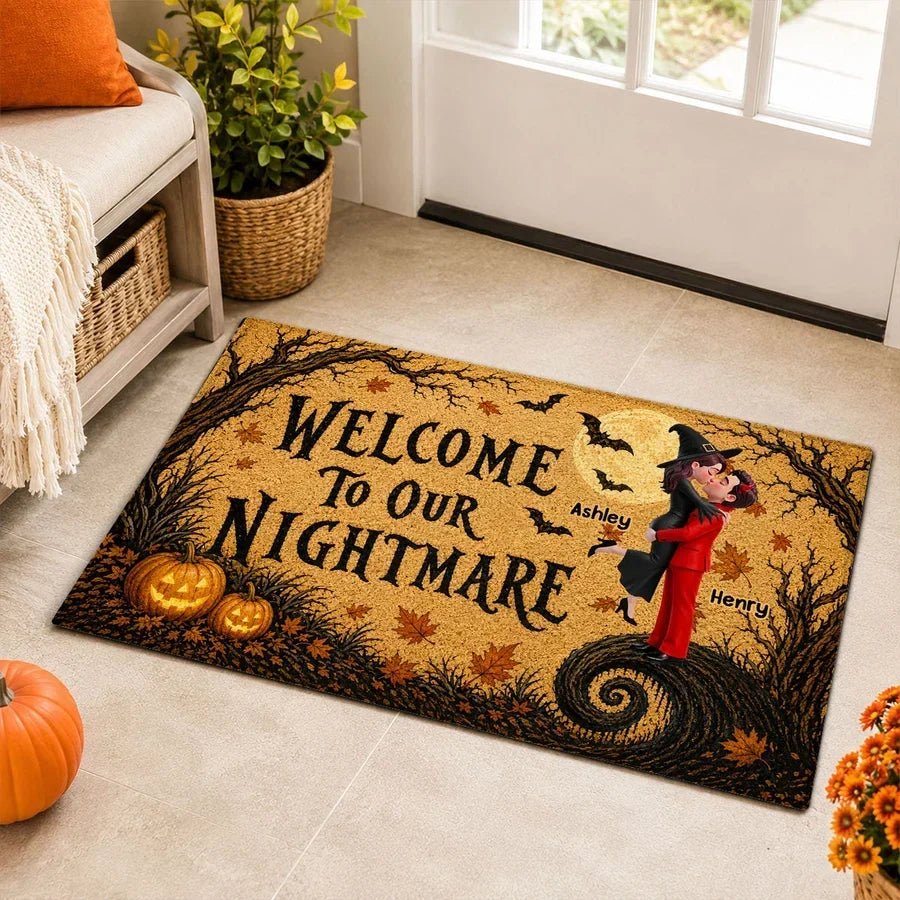 Personalized Halloween Doormat Welcome to Our Nightmare Gift for Couples