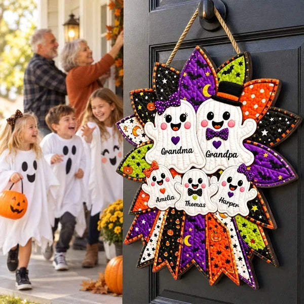 Personalized Wooden Halloween Sign with Cheerful Ghosts Gift for Grandparents