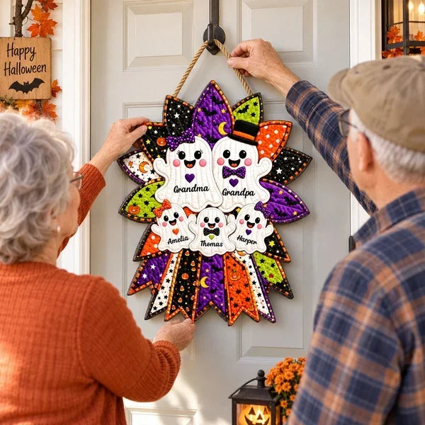 Personalized Wooden Halloween Sign with Cheerful Ghosts Gift for Grandparents