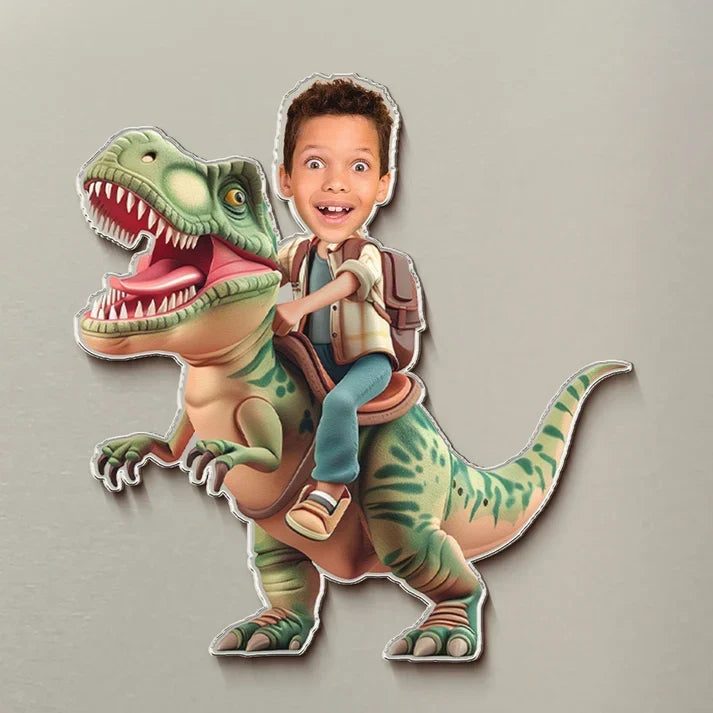 Personalized Acrylic Magnet Child Riding Dinosaur Gift for Son