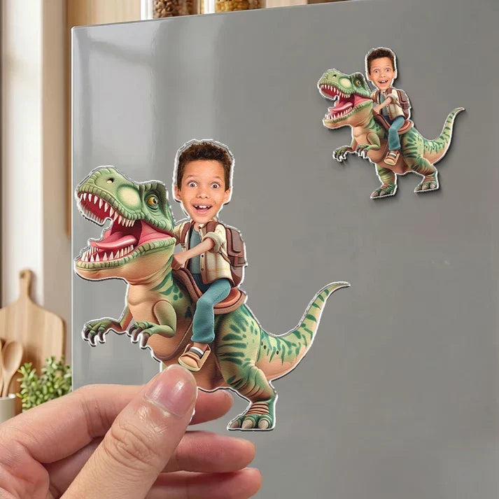 Personalized Acrylic Magnet Child Riding Dinosaur Gift for Son