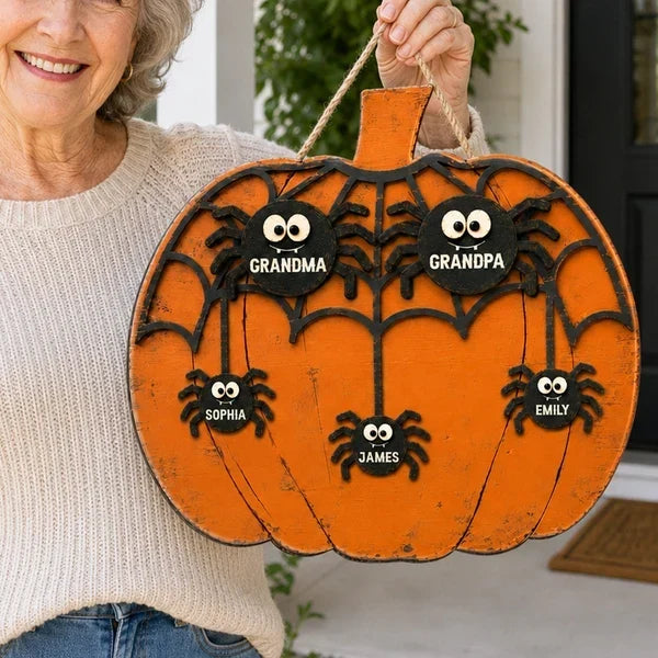 Personalized Wooden Halloween Sign for Grandma with Spiders