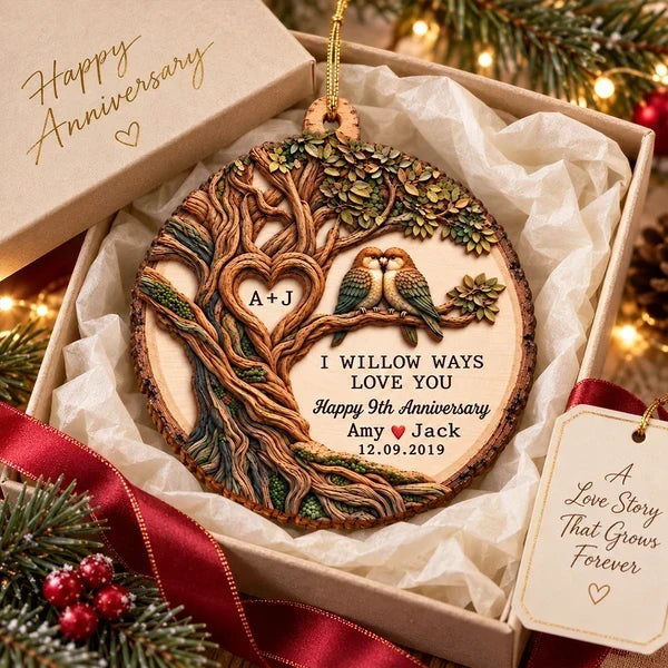 Personalized Wooden Ornament with Willow Tree & Birds, Unique Anniversary Gift for Couples