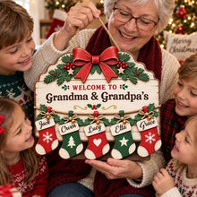 Load image into Gallery viewer, Personalized Wooden Family Sign with Stockings Rustic Decor Gift for Grandparents
