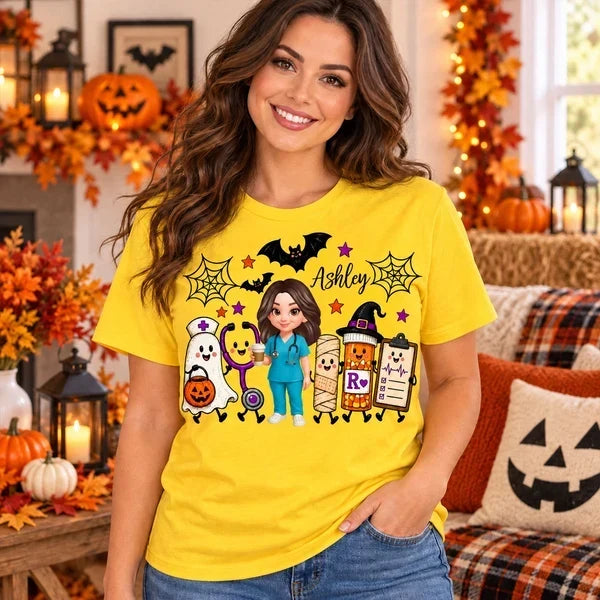 Personalized Halloween Tee Nurse Holding Coffee Gift for Nurse