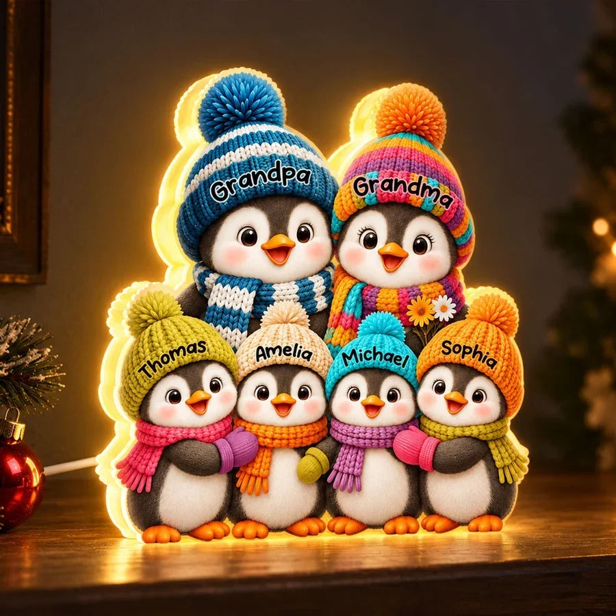 Personalized Penguin Family Acrylic Light Box Gift for Grandparents