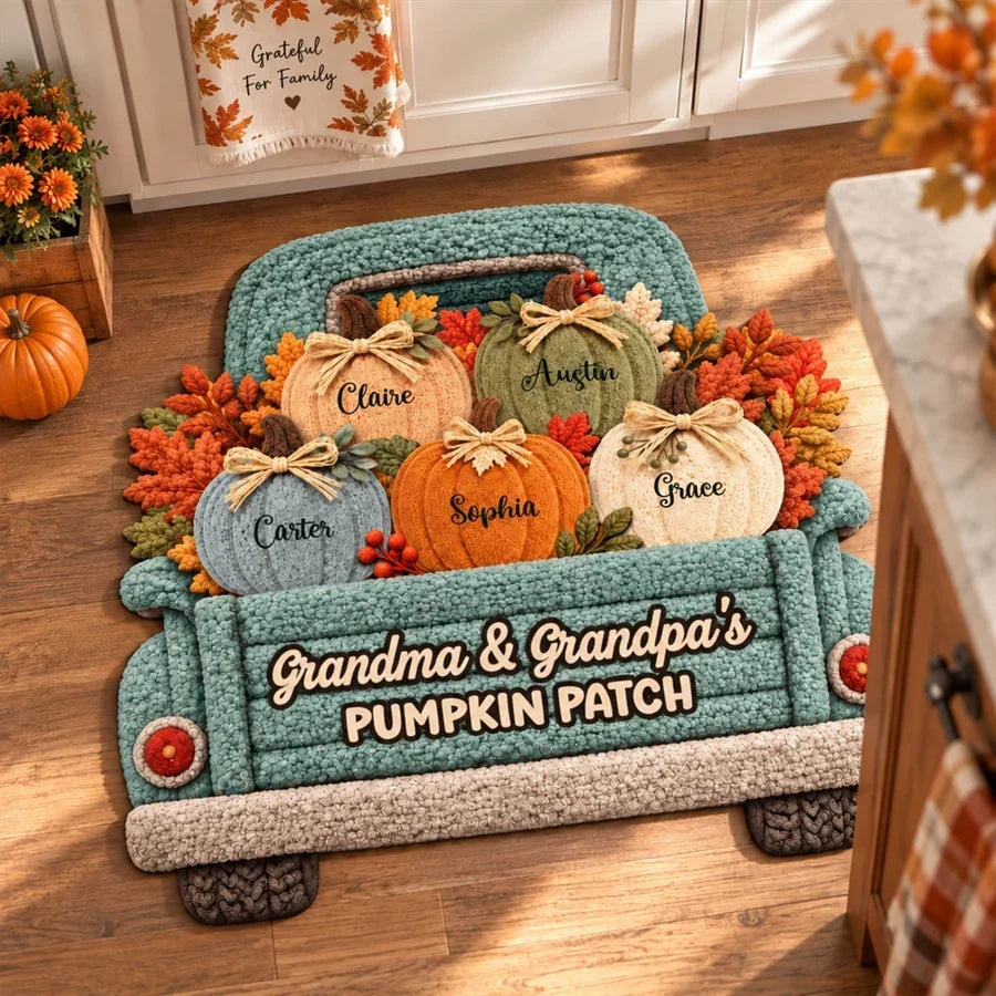 Personalized Autumn Pumpkin Truck Doormat Gift for Grandma and Grandpa