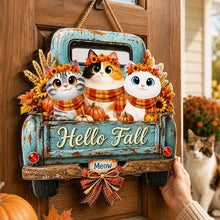 Load image into Gallery viewer, Personalized Wooden Cat Sign with Teal Truck | Rustic Fall Decor Gift
